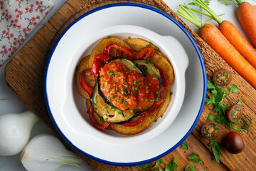 Mallorquin Tumbet. Roasted vegetables with tomato sauce. Top view table with  decoration.
