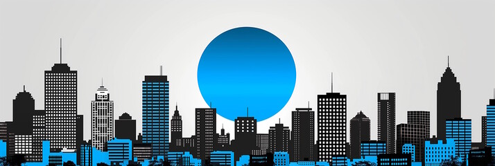 Silhouette of city skyline with large blue circle in the background, concept of urban life and World Diabetes Day