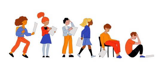 Fototapeta premium Girls and boys with different emotions from information. Various news, school tests, dismissal, letters. Young girl and boys in comfortable clothes. Flat vector illustration on white background.