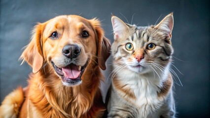 Portrait of Happy dog and cat that looking at the camera together isolated on transparent background, friendship between dog and cat, amazing friendliness of the pets