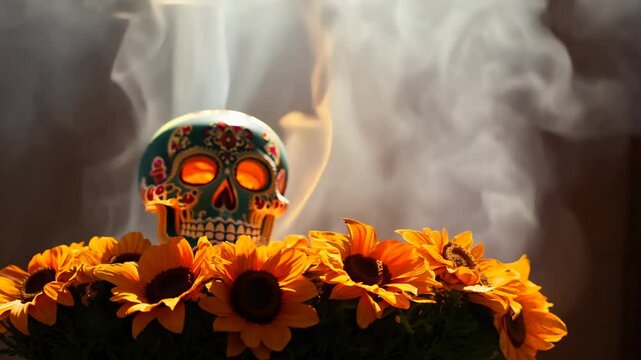 Static video of an ofrenda adorned with marigolds during day of the dead