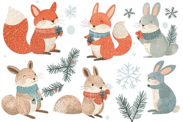 Obraz premium Cute woodland animals with winter scarves, white isolate background