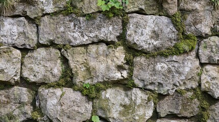 Closeup of a stone wall with moss and lichen growing on the surface.
