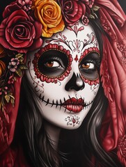 A colorful Día de los Muertos painted face adorned with roses, celebrating tradition and beauty.