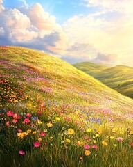 Obraz premium A vibrant wildflower meadow with rolling hills and a bright blue sky in the background.