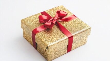 Obraz premium A neatly wrapped New Year gift with glittery gold wrapping paper and a red ribbon bow, isolated on a white background.