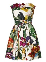 White strapless dress with a tropical floral print.