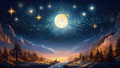 Naklejka premium Christmas background. Holy night. silent night. full moon. month light.