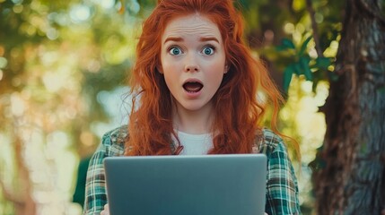 Surpised redhead posing with laptop