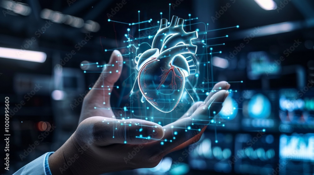 Poster a hand holding a heart made of computer code