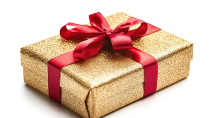 Obraz premium A neatly wrapped New Year gift with glittery gold wrapping paper and a red ribbon bow, isolated on a white background.