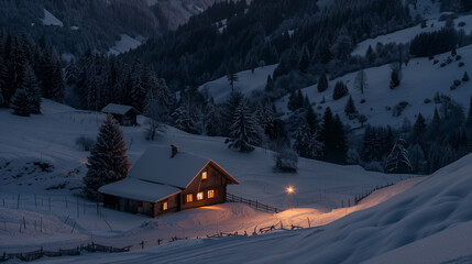 Fototapeta premium Rolling hills covered in snow, with a lone cabin emitting warm light, creating a cozy contrast against the cold winter scene. beautiful landscape winter wallpaper 