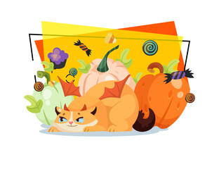 Cunning cat in devils horns and wings vector illustration with pumpkins and sweets on abstract background. Halloween, pet, party, carnival concept. Can be used for banner, poster or invitation design
