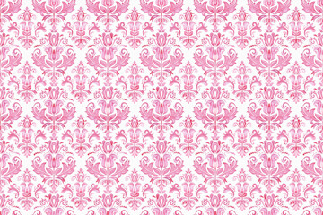 ピンクのダマスク柄のシームレスパターン、白背景