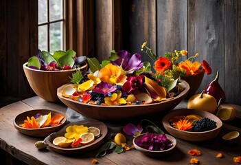 artful display vibrant colorful food scraps creative arrangement emphasizing visual elements culinary aesthetics, style, composition, design, mixed, dried