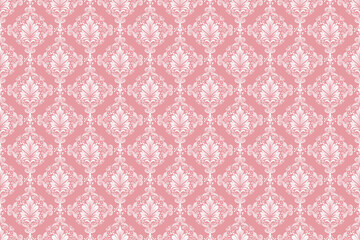 ダマスク柄のシームレスパターン、ピンクの背景