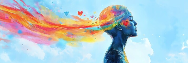 Obraz premium Watercolor Human Figure with Emotions as Flowing Paint Streams, Surrounded by Affirmations for Mental Health
