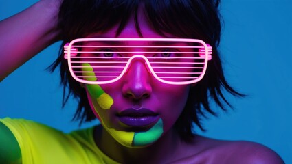 The striking model showcases a lively combination of neon sunglasses and vibrant face paint, capturing the essence of contemporary urban art in a captivating environment