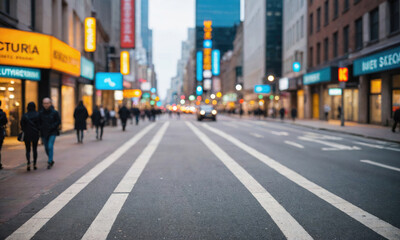 Obraz premium A view down a city street with pedestrians walking on the sidewalks and cars driving in the distance