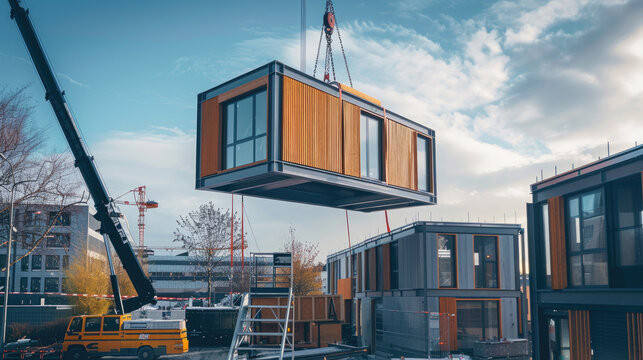 A single-story prefabricated modular building being lifted into place by a crane. The modular building has a modern design with wooden cladding on the sides, giving it a contemporary appearance.
