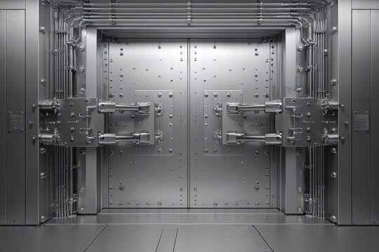 Front view of a light silver bank vault door in a closed position