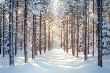 Obraz premium Snow-covered Pine Trees in a Winter Forest with a Pathway of Sunlight