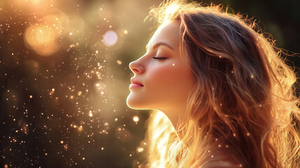 Piękna kobieta medytuje w spokojnym otoczeniu, jej twarz promienieje wewnętrznym spokojem. Zamknięte oczy i lekko uniesione dłonie sugerują, że łączy się z boską energią uzdrawiającą. 