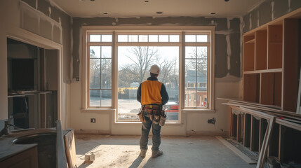  Murarz w trakcie remontu przestronnej kuchni.