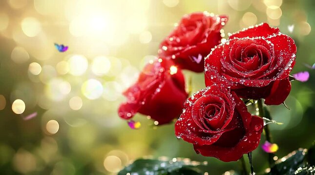 red roses of the forest. Virtual 4K video animation background with looping time lapse with very smooth graphics.