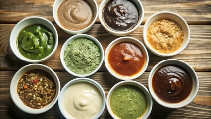 Set of different Sauce in white bowl from top view isolated on background, flat lay of various tasty dipping sauces cuisine.