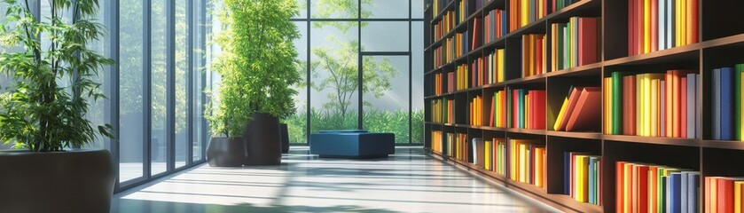 Modern Library Interior with Colorful Bookshelves and Large Windows Allowing Natural Light