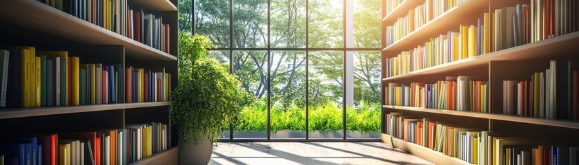Modern Library with Floor-to-Ceiling Windows Overlooking a Lush Green Forest