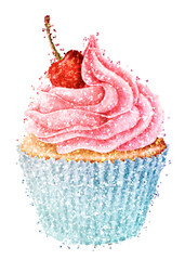 Glitter cherry cupcake sticker with white border