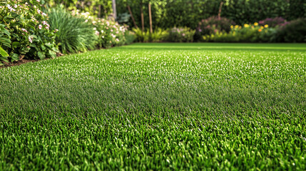 Pięknie przycięty trawnik otoczony kwiecistymi rabatkami i liściastymi krzewami tworzy idealne miejsce do relaksu na świeżym powietrzu. 
