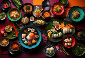Fototapeta premium vibrant asian cuisine displayed colorful tableware eye catching presentation dishes fresh ingredients, design, vegetables, rice, noodles, seafood, meat