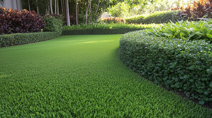 Naklejka premium Pięknie przycięty trawnik otoczony kwiecistymi rabatkami i liściastymi krzewami tworzy idealne miejsce do relaksu na świeżym powietrzu. 