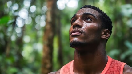 Determined Athlete in Nature - Focused Man in Sportswear Sweating During Outdoor Workout in Lush Green Forest