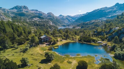 Mountain lake with forest reflection and scenic peaks
