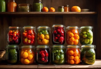 vivid display colorful preserved fruits vegetables bright glass jars vibrant kitchen aesthetic, preserves, food, nature, harvest, cooking, gourmet, rustic