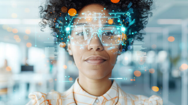 Professional African american woman scientist IT specialist analysing futuristic holographic data information. AI cyber security threat artificial intelligence college - Powered by Adobe