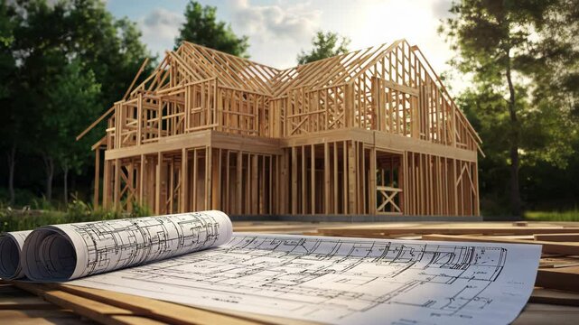 A wooden frame house under construction with blueprints in the foreground