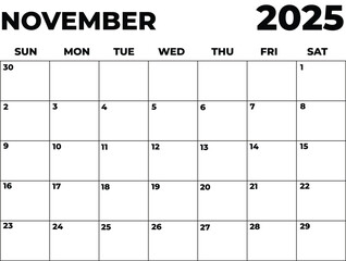 Monthly Planner November 2025, Minimalist Black and White Calendar, Sunday Start Printable Calendar, Plain calendar, Dated Monthly Planner, Simple Monthly Organizer, Landscape Monthly Planner