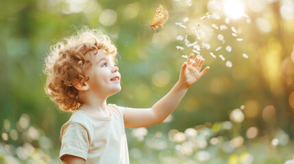 Happiness of Caucasian boy kid with butterfly and insect is flying and smell the flowers meadow in natural sunlight of garden