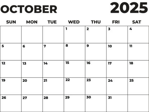 Monthly Planner October 2025, Minimalist Black and White Calendar, Sunday Start Printable Calendar, Plain calendar, Dated Monthly Planner, Simple Monthly Organizer, Landscape Monthly Planner