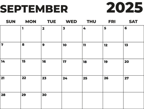 Monthly Planner September 2025, Minimalist Black and White Calendar, Sunday Start Printable Calendar, Plain calendar, Dated Monthly Planner, Simple Monthly Organizer, Landscape Monthly Planner