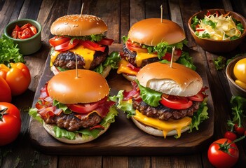 mouthwatering juicy burgers surrounded fresh vegetables colorful ingredients vibrant display, meat, lettuce, tomato, cheese, onion, pickles, sauce, bun