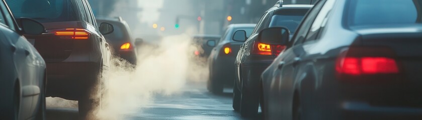 Urban Traffic Jam with Cars Emitting Exhaust Fumes on a Foggy Morning in the City