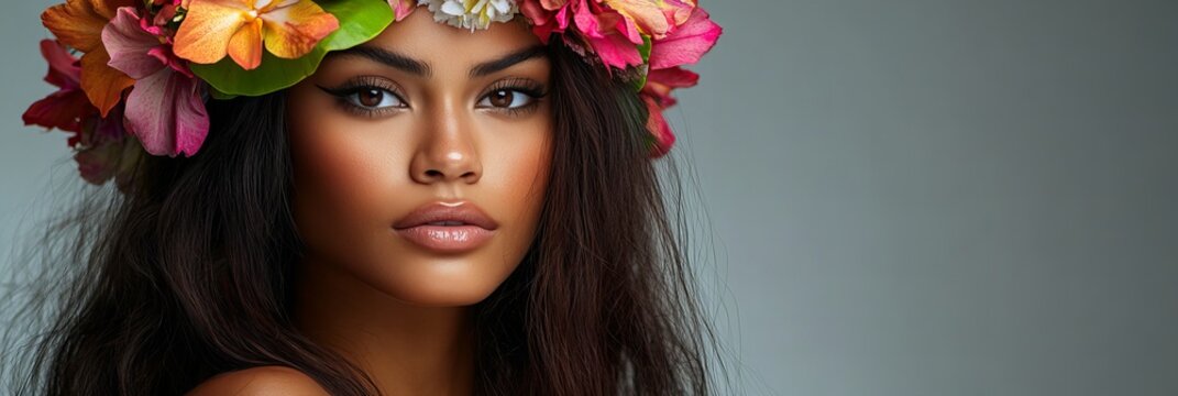 studio photo of a beautiful and sensual Hawaiian model with flowery garland isolated on background with copy space, concept of beauty, makeup and cosmetics