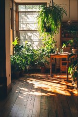 Obraz premium Cozy Sunlit Room with Abundant Indoor Plants and Wooden Furniture in a Modern Home