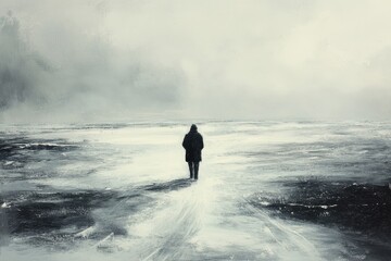 A Solitary Figure Stands on a Vast, Gray Landscape